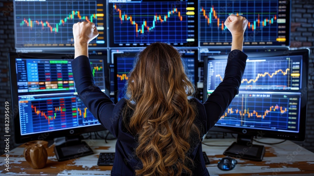 Poster woman celebrating trading success in front of multiple computer screens displaying stock market data