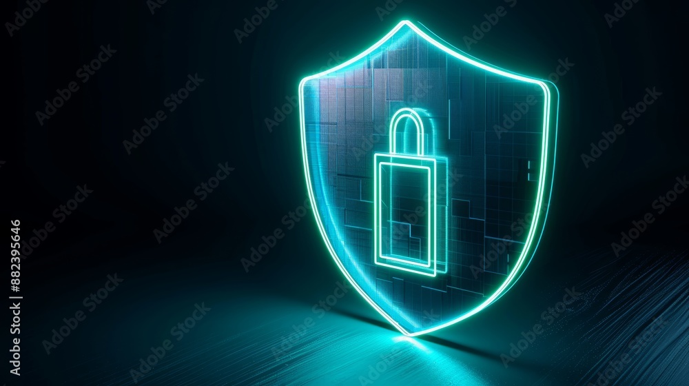 Poster digital security shield hologram surrounding a virtual building