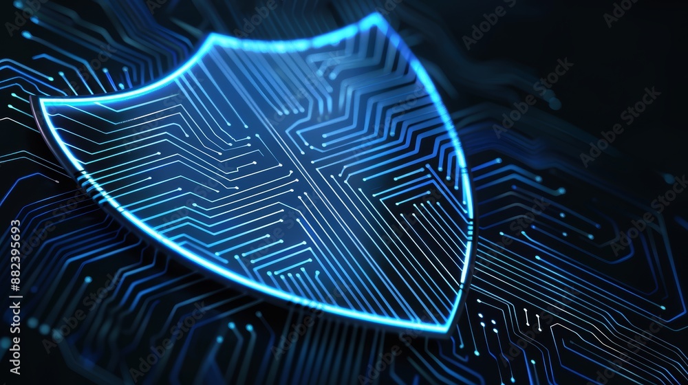 Poster digital shield with intricate circuitry patterns, glowing blue in a dark cyberspace backdrop, repres
