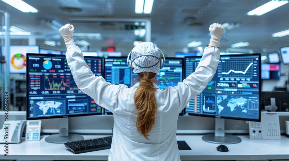 Poster scientist celebrates success in the laboratory, analyzing data on multiple monitors. excitement and 