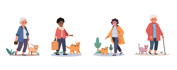 Women walking with a cat