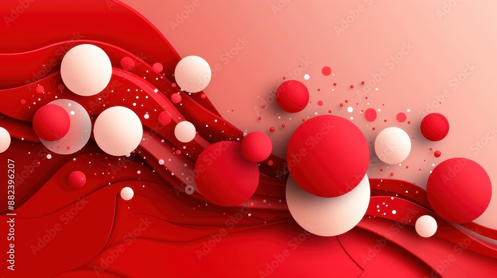 Poster vibrant abstract red and white 3d spheres floating over a smooth gradient background with dynamic wa
