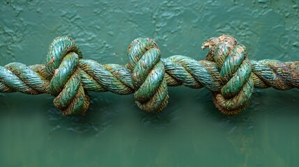 This image depicts a green rope tied in intricate knots against a textured backdrop, symbolizing themes of strength, connection, and the complexity of intertwined lives and relationships through its 
