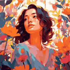 Vector colorful illustration of a cute woman on a floral background of flowers
