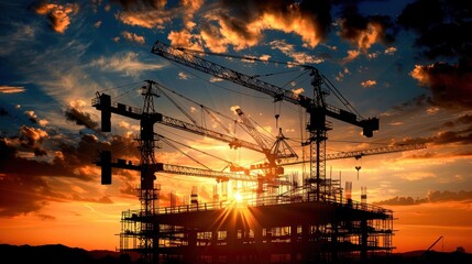 Sunset construction site with cranes silhouetted against a vibrant sky, capturing the beauty of progress and industrial growth.