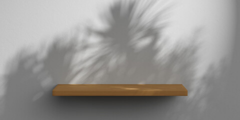 White minimalist wall with wooden shelf for product presentation. Empty room with shadows of palm leaves. 3d room background with copy space. 3d render illustration