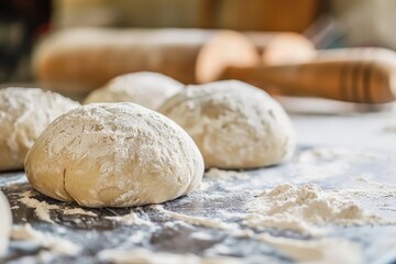 Fototapeta premium Raw Dough Balls with Flour on Table