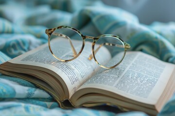 Round Glasses on Open Book with Blue Background