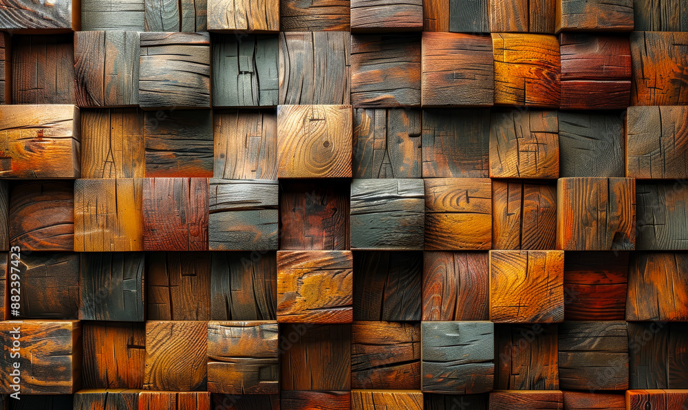 Poster 3d render square block wooden tiles wall background with soft sheen mosaic finish | textured timber 