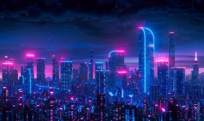Fototapeta premium Futuristic Cityscape at Night with Blue and Pink Neon Lights, Advanced Skyscrapers in a Cyberpunk Setting, Vibrant and Luminous Urban Landscape Depicting a High-Tech Future