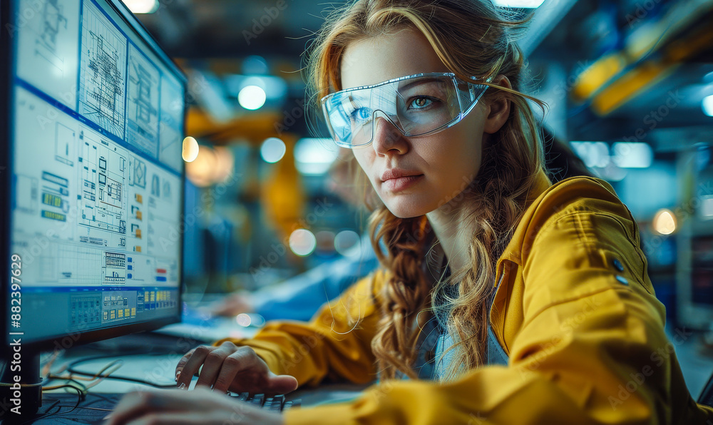 Poster female engineer using cad software on desktop computer with male project manager explaining job spec