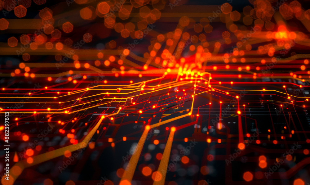 Poster futuristic neon grid with orange and yellow lines representing high-tech connectivity and data flow 