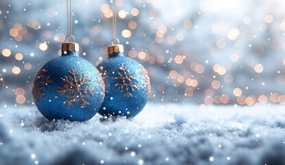 Fototapeta premium Blue Christmas Ornaments Resting in Snow