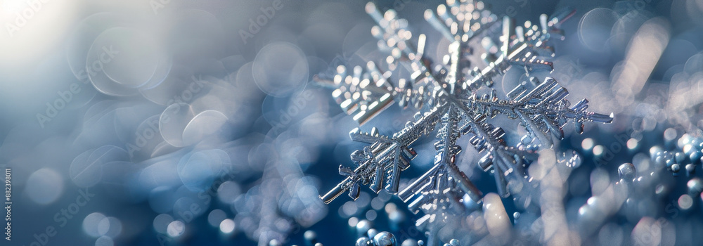 Poster close-up of icy snowflake in natural winter setting with soft bokeh and copy space, perfect for chri