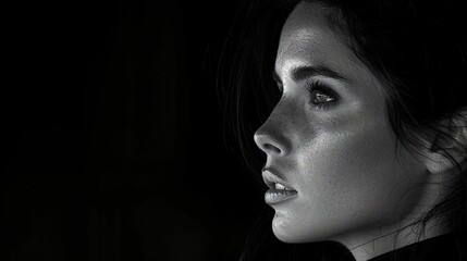 black and white portrait of a woman on black background