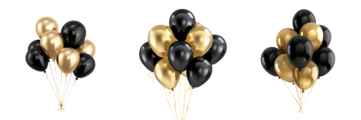 Set of gold and black party balloons isolated on transparent background