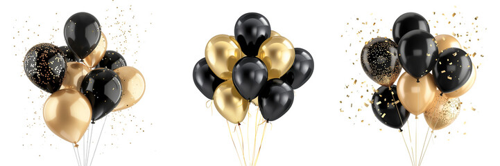 Set of gold and black party balloons isolated on transparent background
