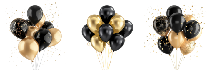 Set of gold and black party balloons isolated on transparent background