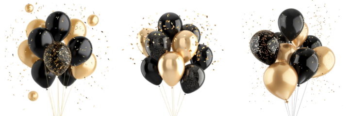 Set of black and gold party balloons isolated on transparent background