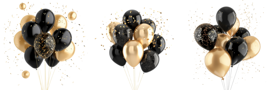 Set of black and gold party balloons isolated on transparent background