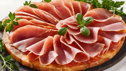 A delectable culinary arrangement of thinly sliced cured ham. Generative AI