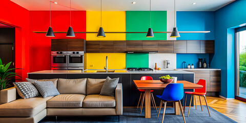 Colorful modern kitchen with red, yellow, and green walls