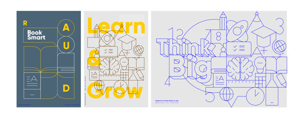 Stylish educational posters featuring geometric designs with motivational phrases for school.