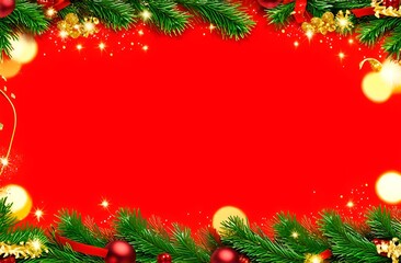 New Year, Christmas, background with fir branches and sparkles, red green and gold color, frame for text, greetings. Generative AI