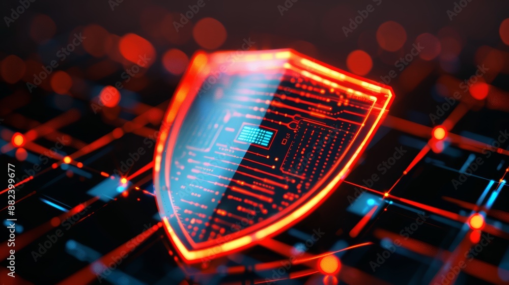Poster futuristic shield with holographic interfaces, surrounded by a grid of cyber elements in a dark, dig