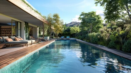 Fototapeta premium swimming pool and decking in garden of luxury home 