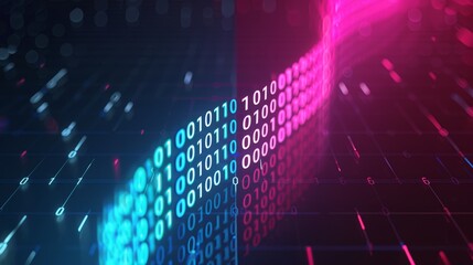 Futuristic digital background featuring vibrant blue and pink binary code