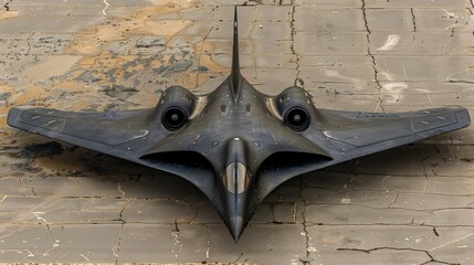 An impressive stealth bomber aircraft flaunts its cutting-edge, unique design while being stationed on a weathered, cracked runway, evoking notions of power and technological advancement.