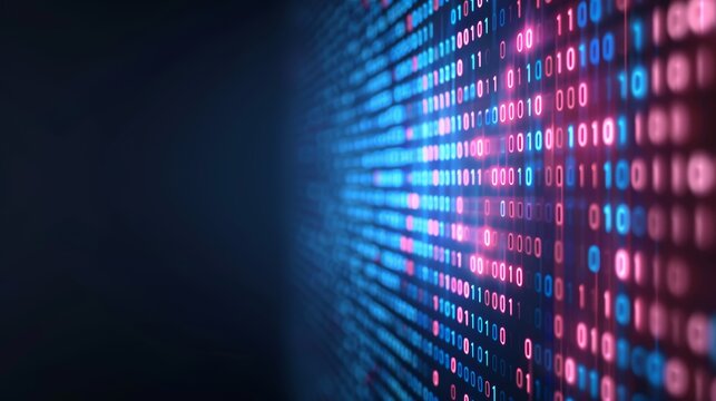 Futuristic digital background featuring vibrant blue and pink binary code