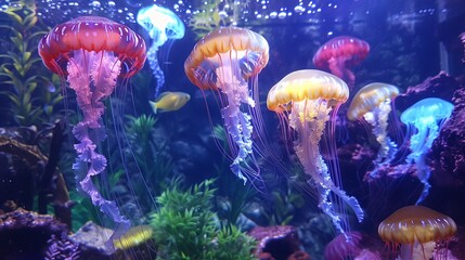 The jellyfish in the aquarium glow with vibrant lights.