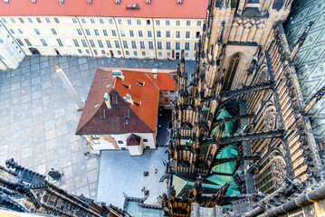 An aerial shot showcases the intricacy of Prague Castles third courtyard with detailed rooftops and...