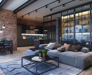 Modern open space living room and kitchen interior with glass door, home decor in the style of dark blue color