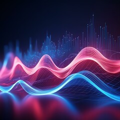 Naklejka premium abstract illustration of pink blue frequency signal waves as particles passing in medium against dark background