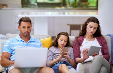 Home, sofa and girl with technology by parents for communication, networking or online connection....