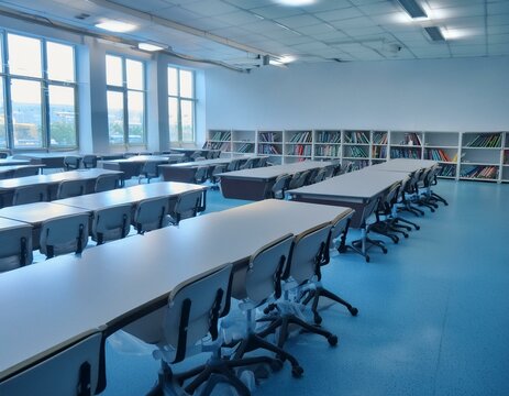 An empty classroom with many desks and bookshelves created with Generative AI technology 