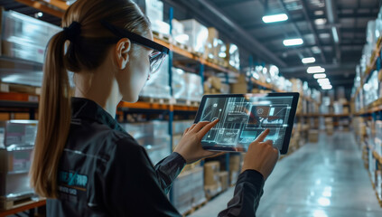 Female warehouse worker using a tablet to monitor the technology of pallets carrying goods in a large warehouse.