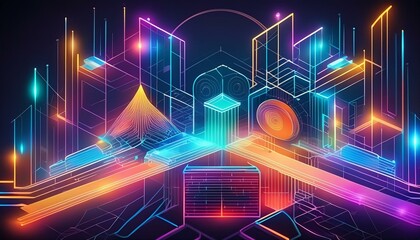 Generative AI abstract illustration of geometric shapes and structures in colorful neon colors and lights in cyberspace against dark background 