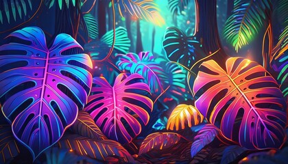 Generative AI illustration of neon Monstera deliciosa leaves growing in tropical forest for creative design elements 