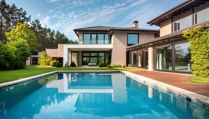 Fototapeta premium Luxury modern home with backyard swimming pool 