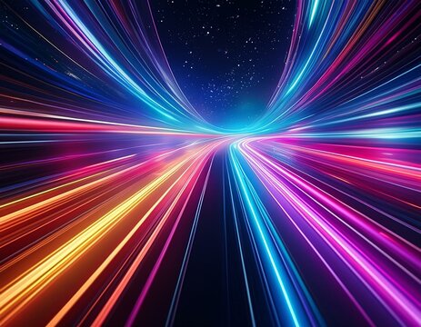 Space travel concept high-speed colorful neon light trails on dark outer space cosmos background