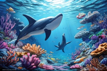 Fototapeta premium A Realistic 3D Journey into the Vibrant World of Dolphins and Marine Life, Featuring the Majestic Beauty of the Great Barrier Reef, Dolphins Gliding Gracefully Through Crystal Clear Waters, Coral Gard