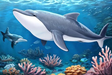 Fototapeta premium A Realistic 3D Journey into the Vibrant World of Dolphins and Marine Life, Featuring the Majestic Beauty of the Great Barrier Reef, Dolphins Gliding Gracefully Through Crystal Clear Waters, Coral Gard