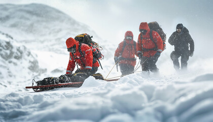 Group of difficult terrain paramedics or mountain rescue service, carrying injured person on sledge stretcher over snow covered landscape. Generative AI