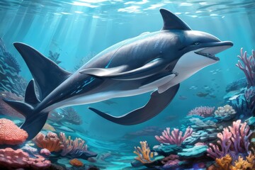 Fototapeta premium A Realistic 3D Journey into the Vibrant World of Dolphins and Marine Life, Featuring the Majestic Beauty of the Great Barrier Reef, Dolphins Gliding Gracefully Through Crystal Clear Waters, Coral Gard