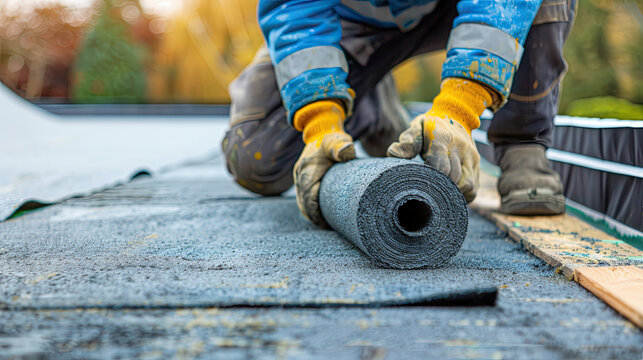 Flat Roof Worker Covering with Roofing Felt: Construction Laborer, Roofer, Roofing Materials, Waterproofing, Home Renovation, Construction Site, Roof Installation, Building Maintenance, Roofing