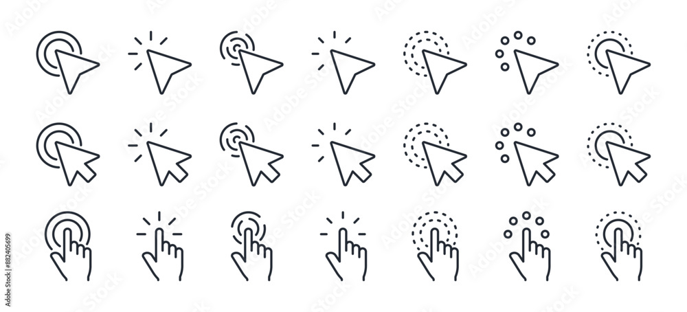 Poster pointer, mouse, click, cursor editable stroke outline icons set isolated on white background flat ve